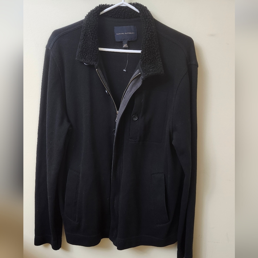 Banana Republic Sherpa Fleece Black Jacket Cotton Button Down Collared Large Men